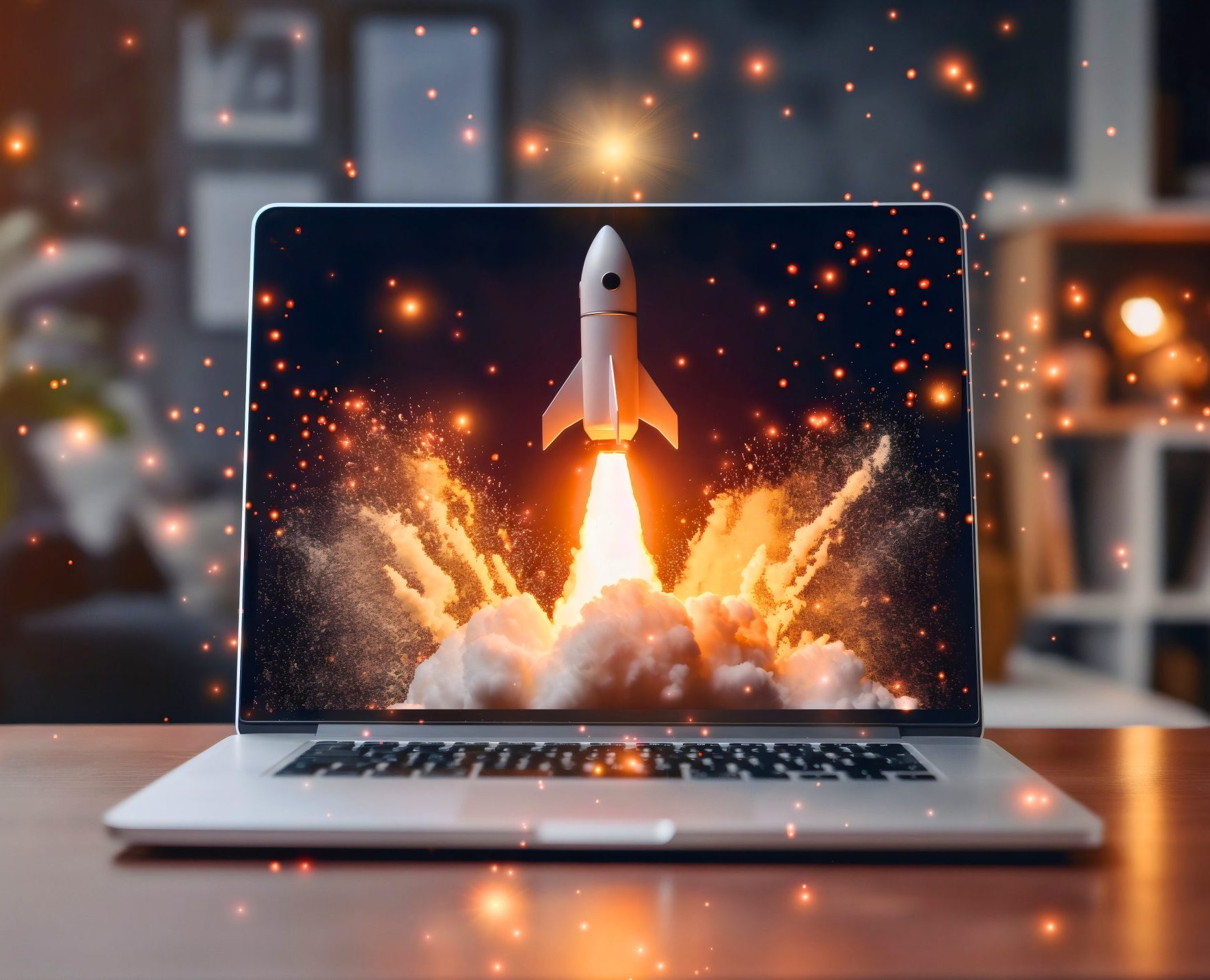 Rocket ship on a laptop signifying great marketing