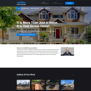 Screenshot of a website for CMOORE Custom Builders. The site features a large house image with text overlay: "It Is More Than Just A Home. It Is Your Dream Home!" Menus for Home, Construction, Services, Gallery, and Contacts are at the top. A gallery of project photographs is at the bottom.