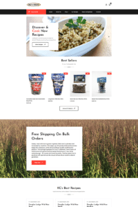 Screenshot of KC's Best website homepage. Banner at the top has a navigation menu, logo, and a banner displaying a rice dish. Below are sections for best selling products, free shipping information, and recipes. Background features an image of a wild rice field.