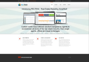 Screenshot of the RELTRAX website homepage featuring an introduction to their real estate marketing software. The banner showcases various software interfaces on devices. Below are sections on data distribution, lead management, and saving time. The top navigation has links to Home, Services, Support, and Contact.