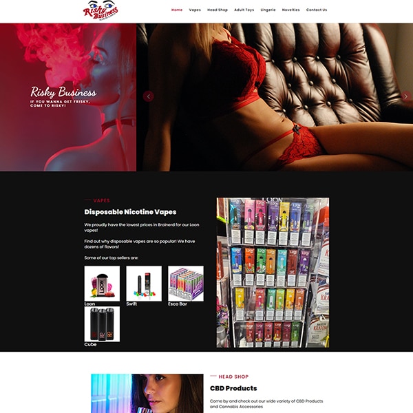 Website design for Risky Business, local Vape and Adult Supply Store in Brainerd Minnesota
