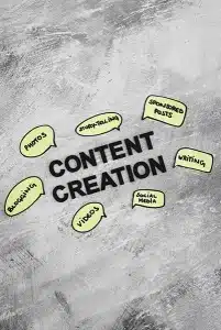 A textured gray background with the words "CONTENT CREATION" in bold black text at the center. Surrounding it are yellow speech bubbles with text: "PHOTOS," "STORYTELLING," "SPONSORED POSTS," "WRITING," "SOCIAL MEDIA," "VIDEO," and "BLOGGING." It's like a creative home for all your content needs.