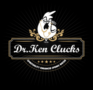 A logo featuring a white rooster with glasses and a stethoscope, standing upright on a decorative gold and black emblem. "Dr. Ken Clucks" is written prominently in stylish white cursive font, with "Spirituality Enhanced Spring Water" in smaller text below—a prime example of expert graphic design services.