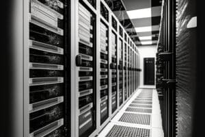 A monochrome image of a modern data center server room, featuring multiple rows of tall server racks filled with computing equipment essential for website hosting. The room is clean and well-organized, with cable management visible and a grid-patterned floor for ventilation.