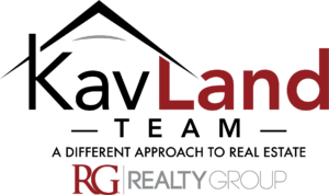 Logo for KavLand Team with a stylized roof over the "Ka" in "KavLand Team." The text "A Different Approach to Real Estate" is below, followed by "RG Realty Group" in red and gray. Perfect for showcasing on your website to highlight the exceptional services offered by the team.