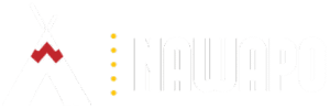 Logo featuring a white tipi with red peaks and two crossed white poles above. To the right, there are five small yellow dots in a vertical line followed by the text "NAWAPO" in bold white uppercase letters. The transparent background showcases the meticulous detail emblematic of our Graphic Design Services.