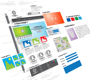 A digital wireframe design with various UI elements such as navigation bars, image placeholders, buttons, and text blocks. Includes a map, video player, and color palette swatches, all against a black background with circular guidelines.