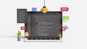 A laptop displaying code, surrounded by floating icons like a YouTube play button, chat bubble, document, and settings gear. A small plant, glowing light bulb, and hanging lamp add decorative elements against a white background.
