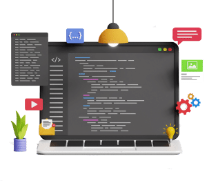 A laptop with a coding interface displayed on the screen. Around it are colorful icons representing coding, cloud storage, settings, email, video, and messages. A small lamp hangs above, and a plant sits nearby.