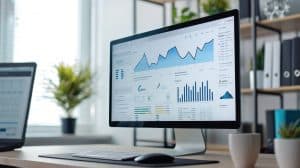A computer monitor displays a data analytics dashboard with line, bar, and pie charts. A laptop is visible on the left. The background includes blurred plants and shelves, suggesting an office environment.