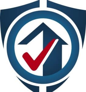 A logo featuring a stylized blue shield with a house shape inside. The house has an upward pointing arrow as its roof. A red checkmark intersects the house, symbolizing security or approval.