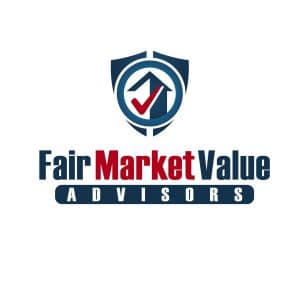 Logo of "Fair Market Value Advisors" featuring a blue shield with a red check mark and white upward arrow inside. The text is in bold, with "Market" in red and the rest in blue. The word "Advisors" is within a blue rectangle below.