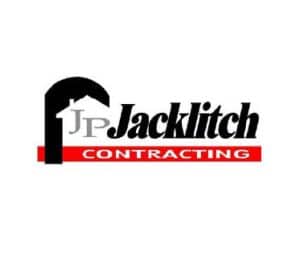 Logo of JP Jacklitch Contracting. The design features a stylized black arch resembling the roof of a house, with "JP" beneath it, followed by "Jacklitch" in bold black letters. "CONTRACTING" is in white against a red background strip.
