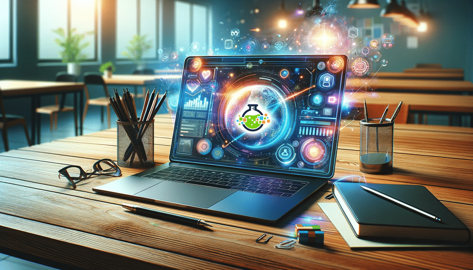 A laptop on a wooden desk in a classroom displays a colorful digital science interface with a flask icon. Surrounding the laptop are notebooks, pens, pencils, glasses, and a Rubik’s Cube. The background shows large windows and plants.