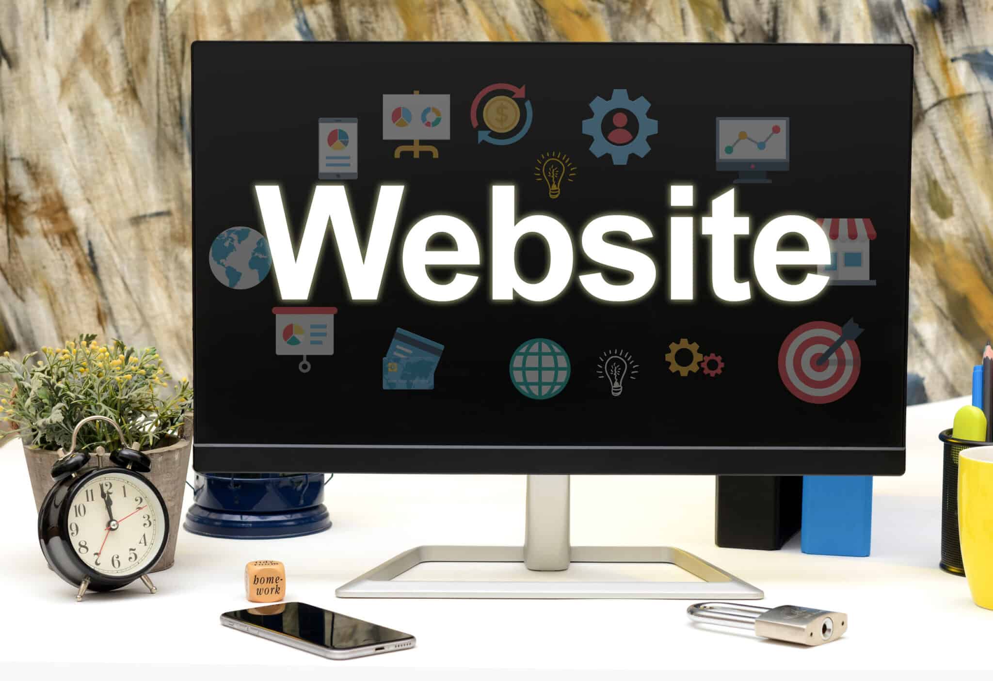 A computer monitor displays the word "Website" with technology and internet-themed icons, reflecting a strong online presence. On the desk are a clock, plant, smartphone, notepad, and a lock, against a blurred background.