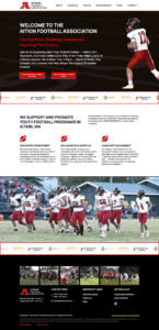 Screenshot of the Aitkin Football Association website featuring players on the field, a Client Corner in the navigation menu, organization info, sponsor logos, and an action team photo, all set in a red, black, and white color scheme.