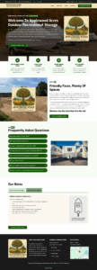 Screenshot of Applewood Acres Outdoor Recreational Storage website, featuring storage details, rates, location, FAQ, Client Corner access, and images of RVs, boats, and the storage lot. The green and beige design includes navigation links at the top.