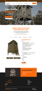 Screenshot of the Deer Stand Direct website, highlighting a camouflaged elevated deer stand, product details, pricing, navigation bar with Client Corner access, and orange accents. The site promotes safe, quiet 5x5 square deer stands for hunters.