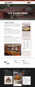 Screenshot of The Barn Diner’s website, featured in Client Corner, displays a red barn building, indoor dining photos, menu highlights, contact details, hours, location map, and social media links—all in a rustic, welcoming design.