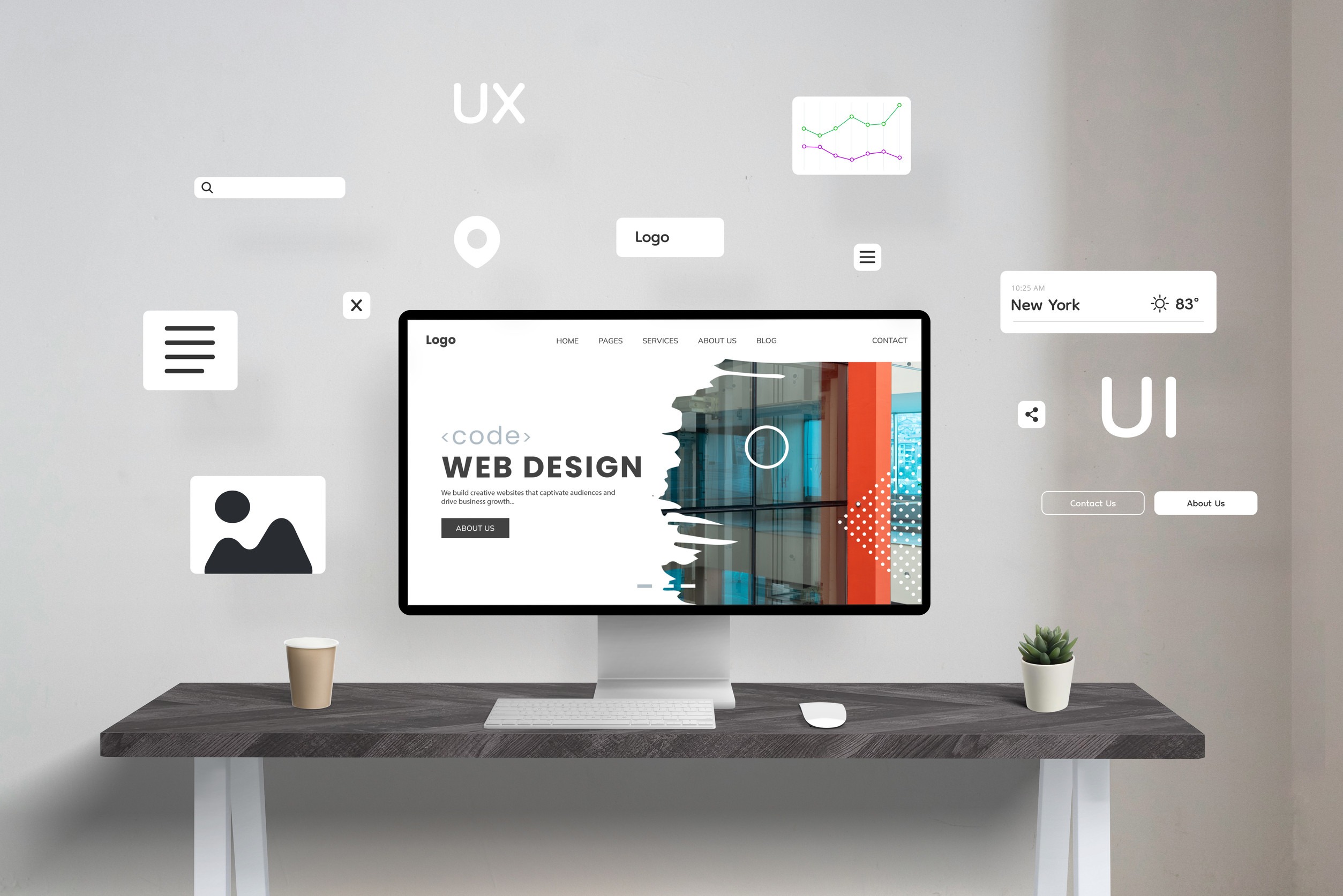 A desktop computer on a dark wood desk displays a web design interface. Floating UI and UX design elements surround the screen. A cup, plant, and mouse are on the desk, with a minimal white wall background.