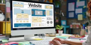 A person works at a desk on a computer displaying a website layout design with wireframes and content sections in a bright, modern office. Various office supplies and colorful notes are on the desk and wall.