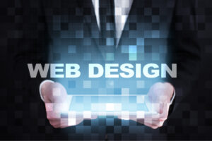 A person in a suit holds a tablet with the words "WEB DESIGN" glowing above it, surrounded by a digital, pixelated background, highlighting how site structure is key for a better experience.