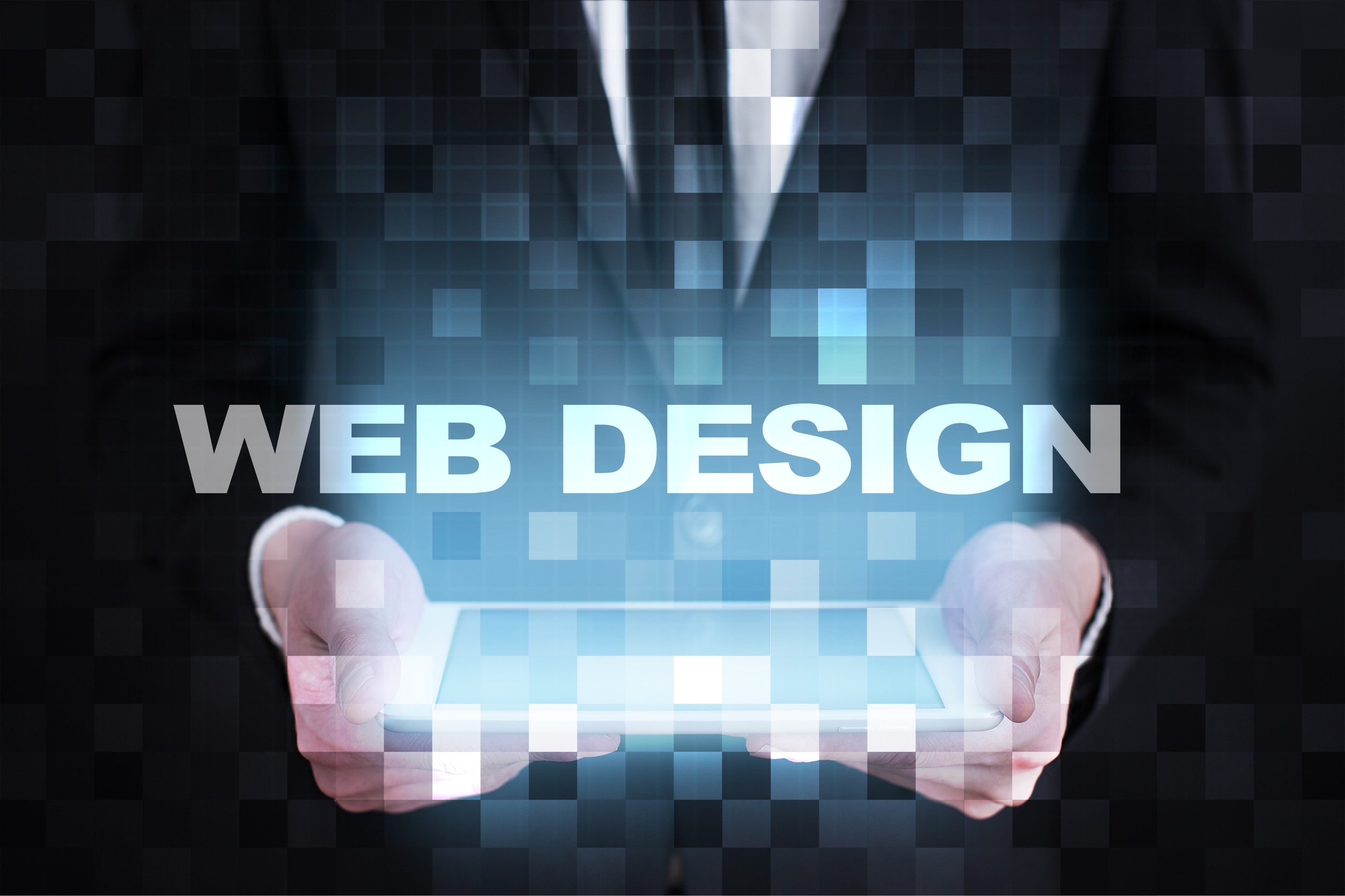 A person in a suit holds a tablet with the words "WEB DESIGN" glowing above it, surrounded by a digital, pixelated background, highlighting how site structure is key for a better experience.