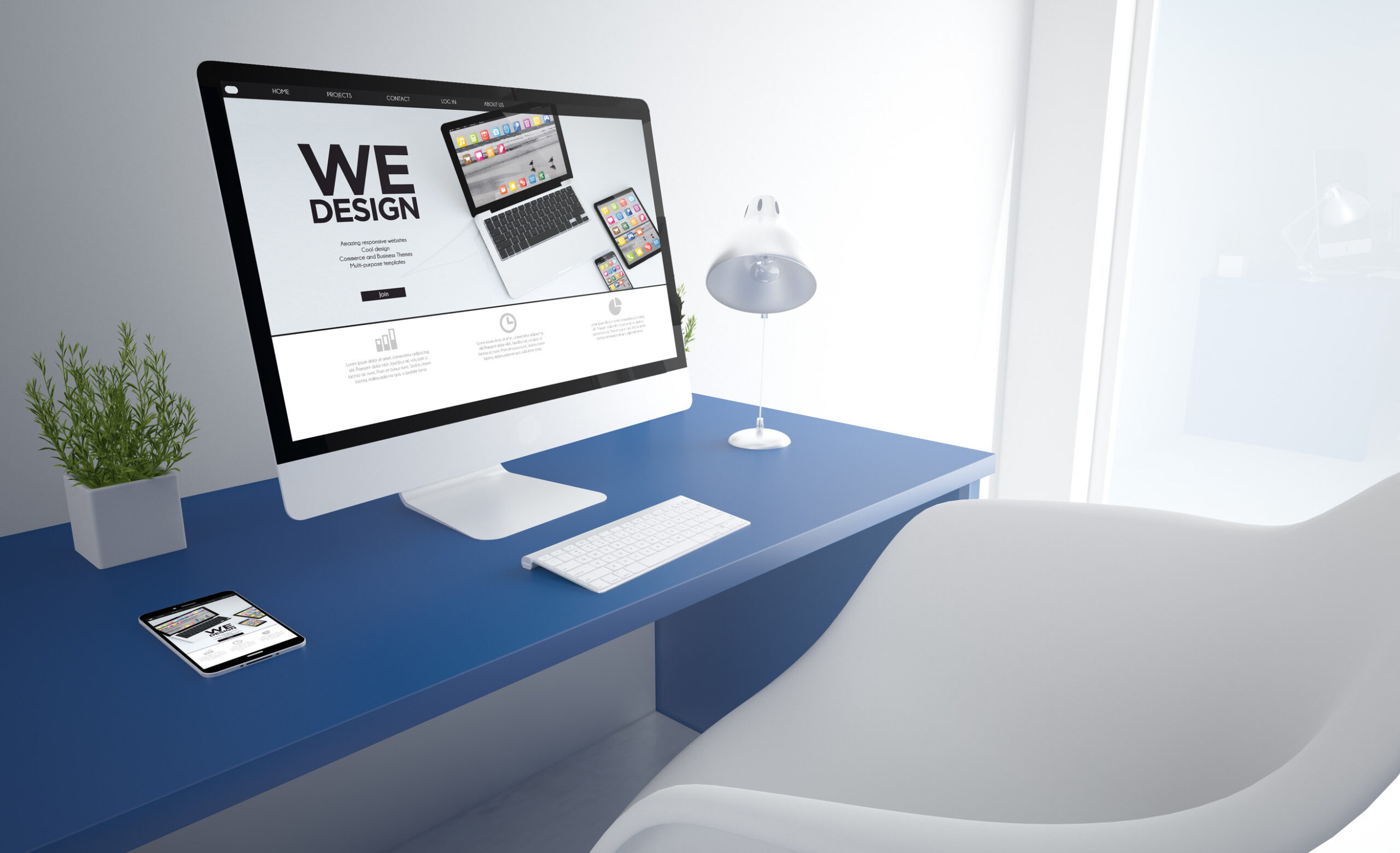 A modern workspace with a blue desk features a computer displaying Crafting Websites for local businesses, alongside a keyboard, mouse, desk lamp, smartphone, two potted plants, and a white chair in a bright room.