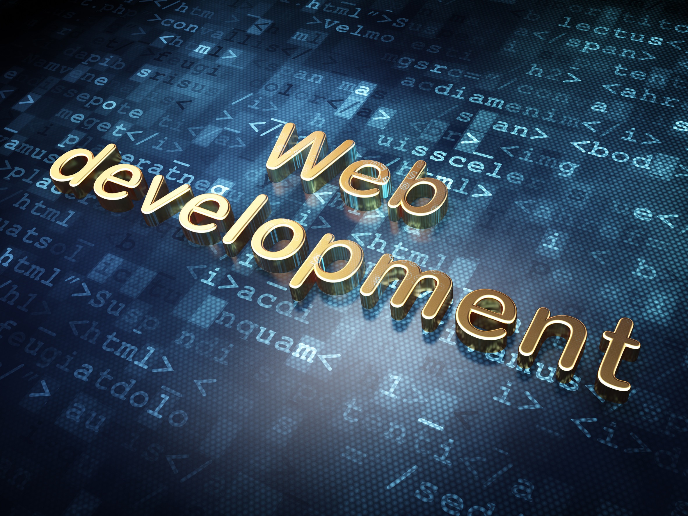 The phrase "Web development" in large gold 3D letters appears over a blue digital background filled with glowing HTML code snippets and programming symbols.
