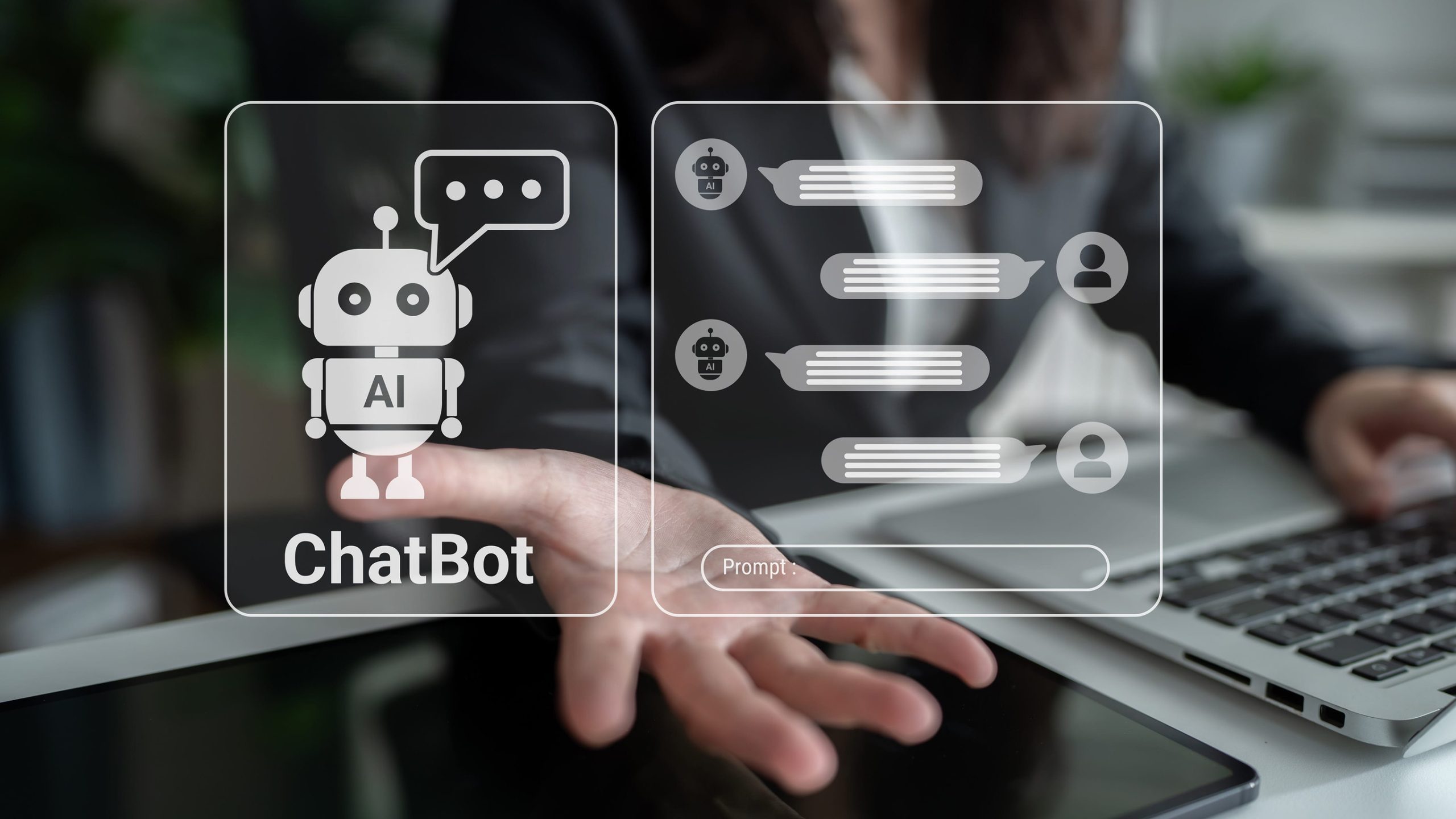 A person using a laptop with virtual chatbot icons and chat bubbles overlaid, representing AI chatbot communication technology designed to enhance customer experience.