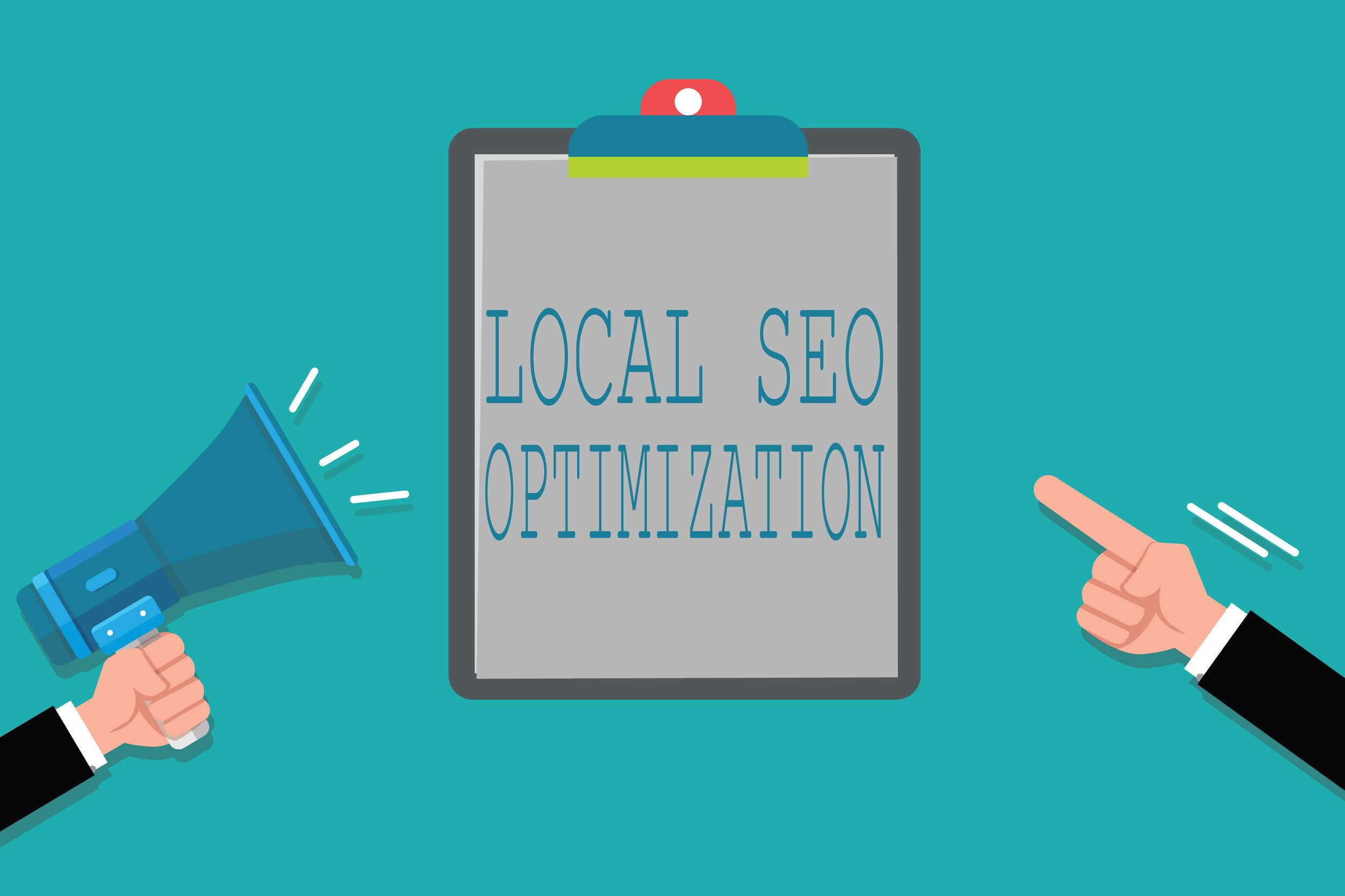 A clipboard with “Local SEO Optimization” is in the center, highlighting Local SEO. A hand holding a megaphone is on the left and a pointing hand on the right, all set against a teal background.
